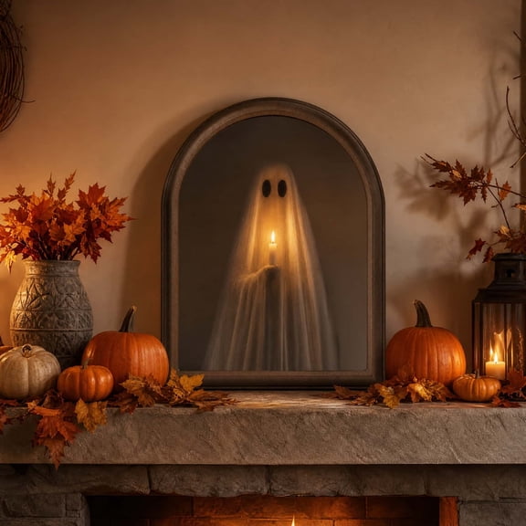 Halloween Lighted Arch Mirror Decor - Spooky Ghost Candlelit Scene with Warm LED Lights, Vintage Tabletop Wall Ornament for Shelf, Mantel or Kitchen Display
