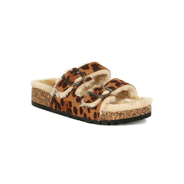 Bamboo Women Double Buckle Faux Fur Cork Footbed Sandal 19307