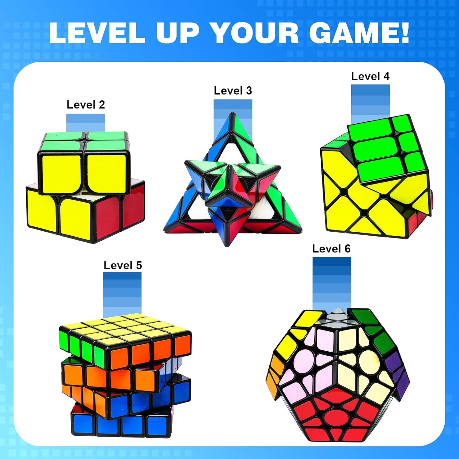 AuntyFey 5 Pack Magic Speed Cube Set, 2x2, 3x3, 4x4, Triangle Megaminx Stickerless Speed Cubes for Kids & Adults