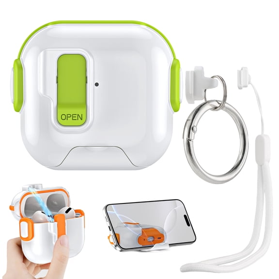 Dteck for AirPods 4th Generation Case with Keychain/Hand Strap, Shockproof Protective Headphone Cover with Invisible Phone Stand Support Wireless Charging,Green