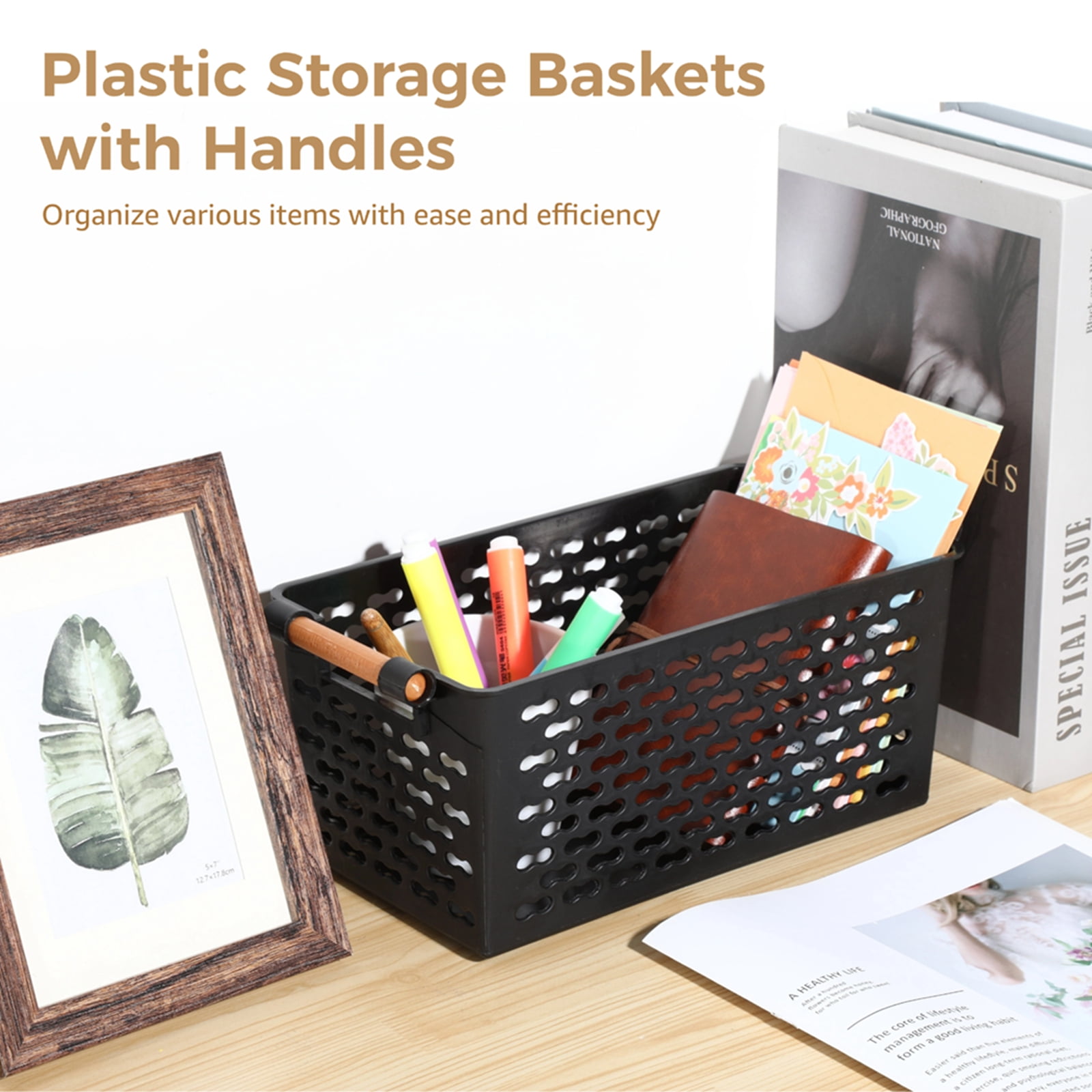 8 Pack Stackable Storage Bins with Handles, Space-saving Large Plastic Baskets - Ventilated Organizer Baskets for Kitchen, Pantry, Closet, Office, Classroom (12x6x5 Inch)