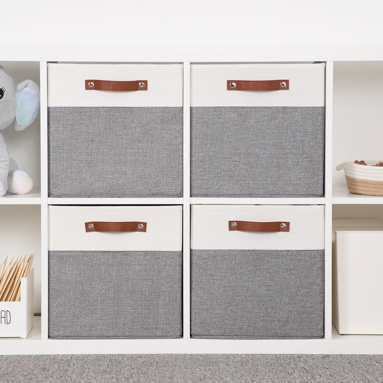 ANLEM 13x13 Storage Cubes Baskets 4 Pack Fabric Cube Storage Bins Large Storage Baskets with Leather Handles,Decorative Storage Boxes for Organizing Shelves(White&Gray)