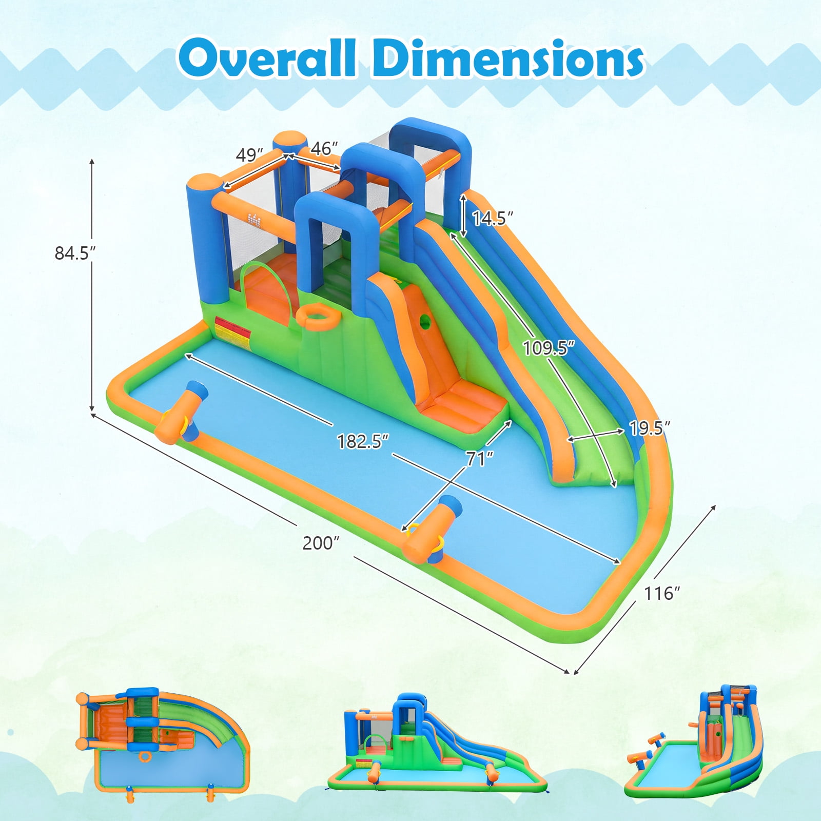 Costway Inflatable Water Slide Park with Slide, Jumping Area, Splash Pool, 2 Climbing Walls