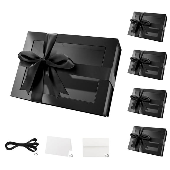 PACKHOME 5 Gift Boxes with Window for Fathers Day  9x6.5x3.8 inches, Black Boxes with Magnetic Lids