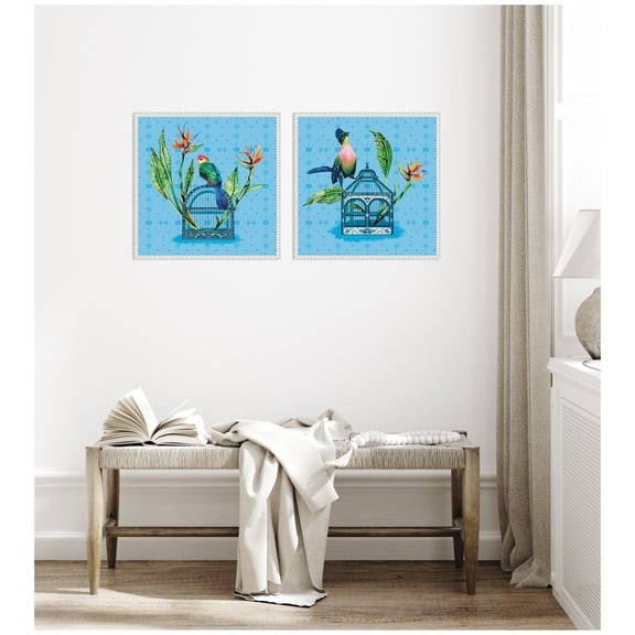 Kate and Laurel Uncaged No. 1 & No. 2 2 Piece Framed Canvas Wall Art Set by Lucia Gianello, Sylvie Beaded White Whimsical, Animal Art for Wall Decor