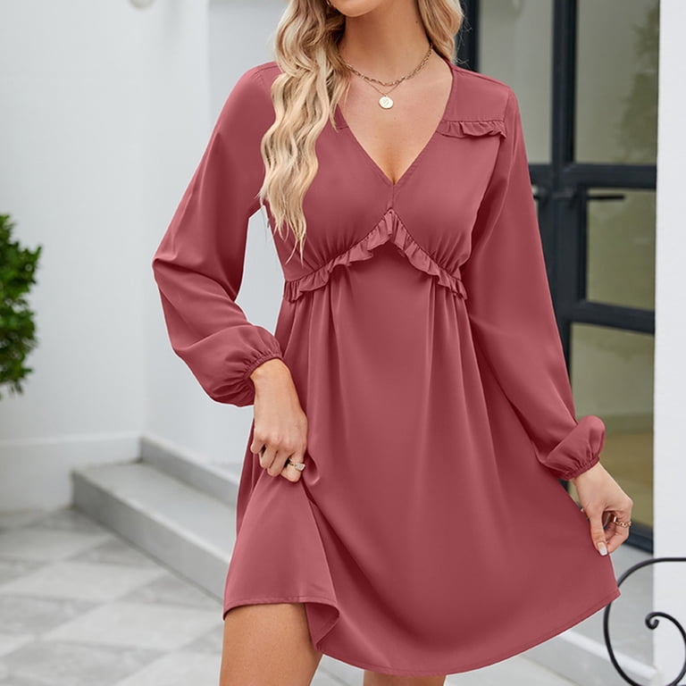 fitted lace wedding dress FAIABLE Mini Deep V Sexy Long Sleeve Dress for Women A-line High Waisted  Casual Flowy Dress for Cocktail Wedding Guest Apricot at Amazon Women's  Clothing store main image 1