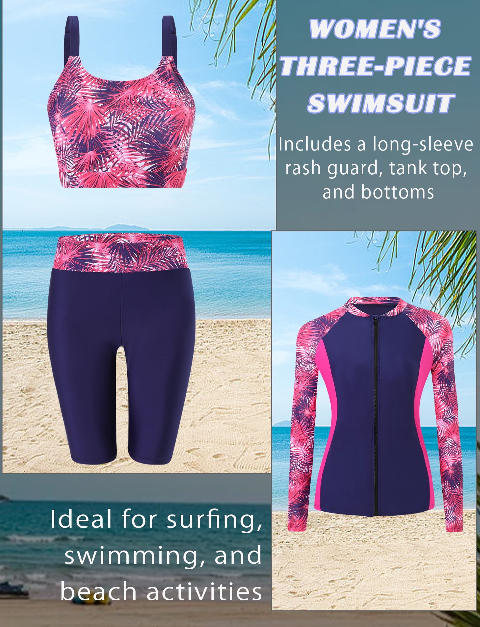 FEOYA Women's 3 Piece Rash Guard Built-in Bra Zip Front Bathing Suits Long Sleeve Athletic Swimsuits Swimwear Workout Modest Swim Top Shirt Shorts S