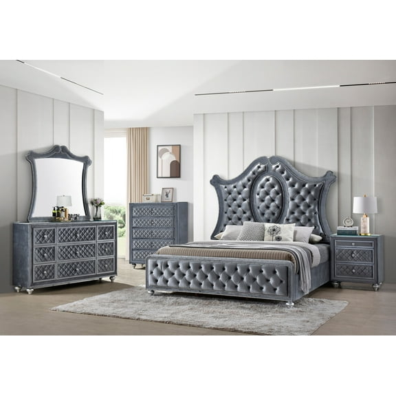 Luxurious Beautiful Queen Size 5pc Panel Bed Set Tufted Headboard Gray