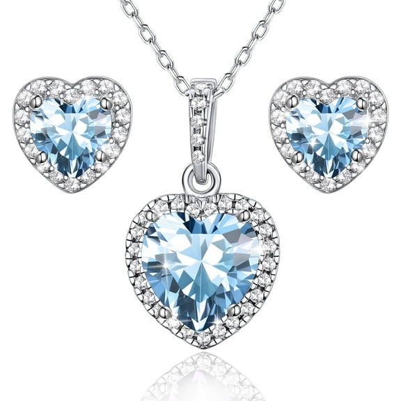 Bestyle Sterling Silver Earrings Necklace Set for Women March Birthstone Heart Jewelry Set Chorker Necklace Gifts for Bridal Wife Mom Daughter