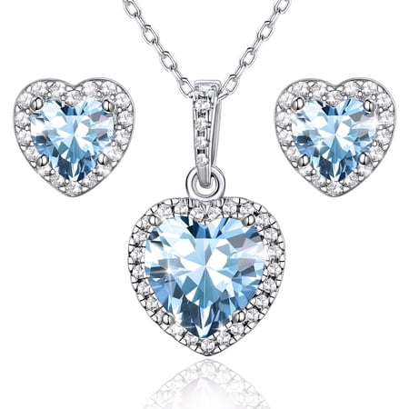 Bestyle Pure 925 Sterling Silver Earrings Necklace Set for Women March Birthstone Heart Jewelry Set Mother'day Gifts for Bridal Wife Mom Daughter