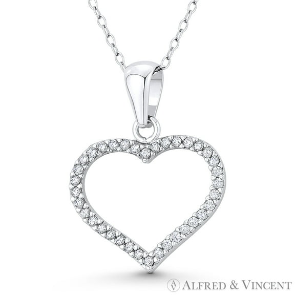Open-Design Heart Charm CZ Crystal Pave Pendant & Chain Necklace in .925 Sterling Silver w/ Rhodium