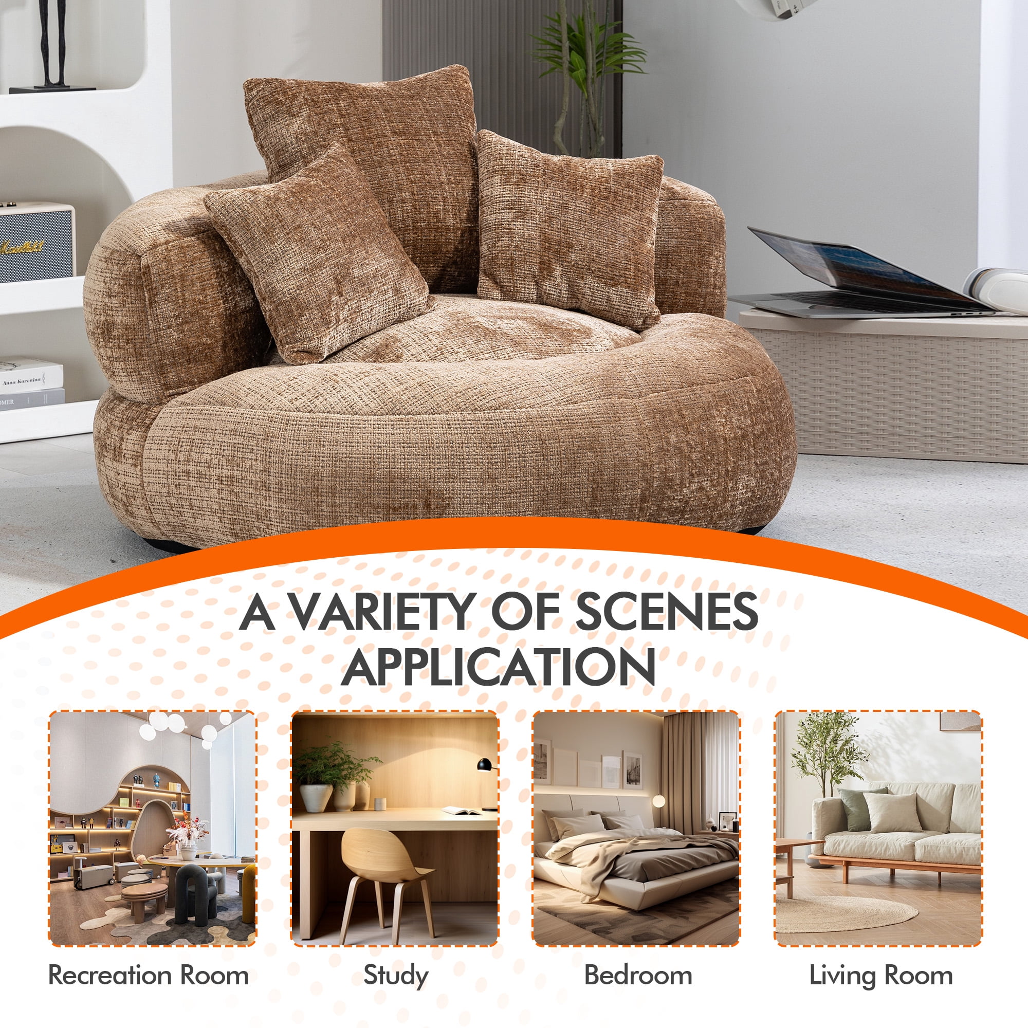 42.5''W Chenille Bean Bag Chairs, Chenille Soft Lazy Sofa Chair, Bean Bag Chair For Adults & Kids To Gaming,Reading,And Watching TV,Living Room, Bedroom,Office Room(Coffee)