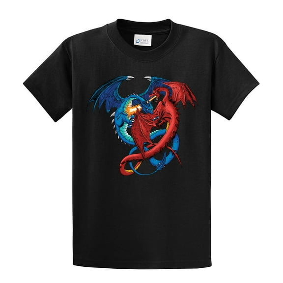 Dragon Red and Blue Dragons Fighting Fantasy Mythical Mother Draco Fire Breathing Serpent -Black-Small
