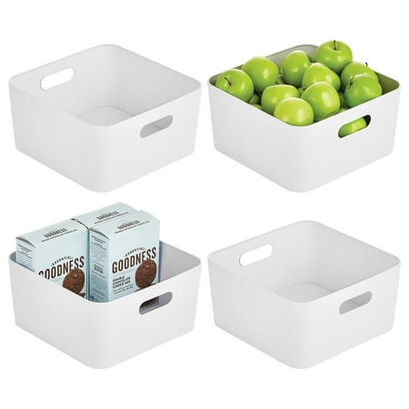 mDesign Medium Metal Storage Container Bin Basket with Handles for Kitchen Shelves in Pantry  Cabinet  Cupboard  Fridge  Freezer  Holds Food  Snacks  Drinks  12  Wide  Mirri Collection  4 Pack  White