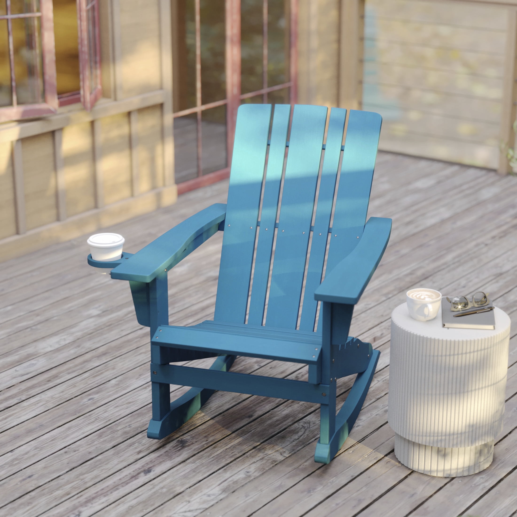 Flash Furniture Halifax Adirondack Rocking Chair with Cup Holder, Weather Resistant HDPE Adirondack Rocking Chair in Blue, Set of 2