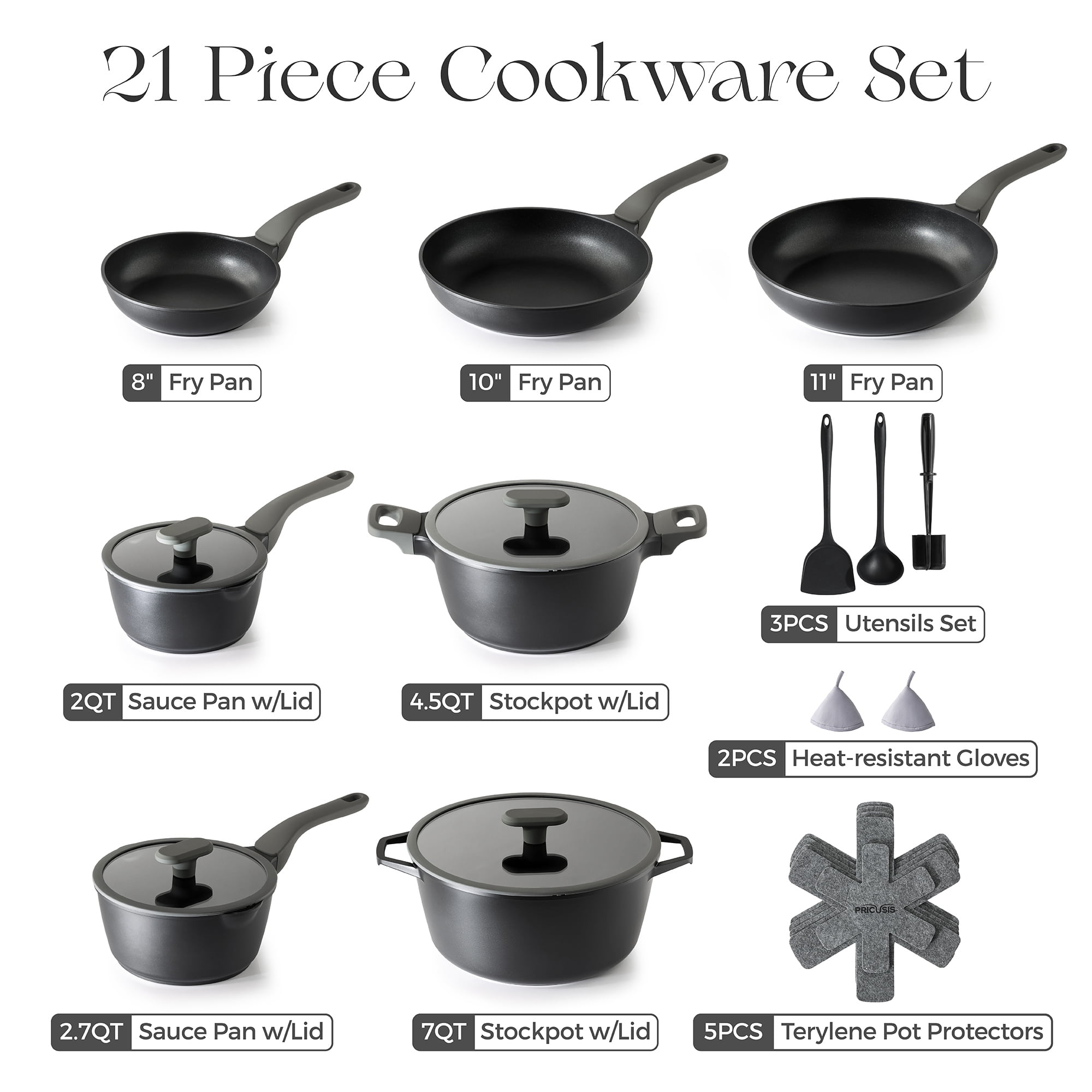 PRICUSIS 21-Piece Nonstick Pots and Pans Set, Induction Compatible, Stay-Cool Handle, Fully Coated, Dishwasher-Safe, Warp Resistant, Black Sesame