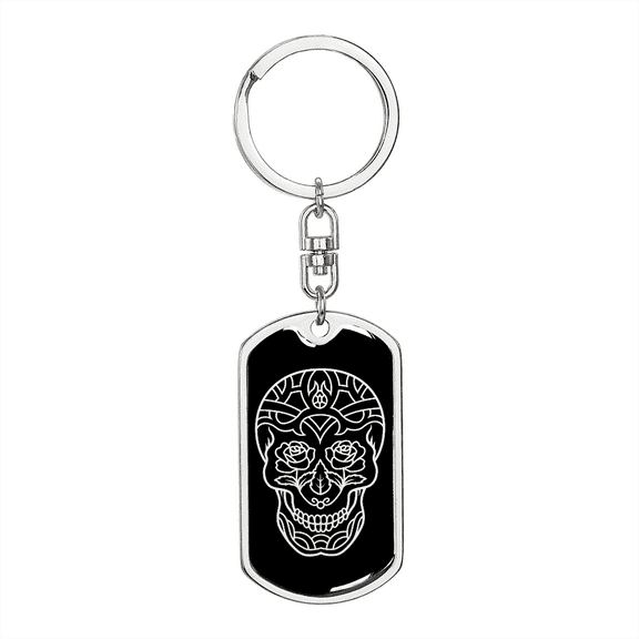 Calavera Mexican Sugar Skull 20 Stainless Steel or 18k Gold Premium Swivel Dog Tag Keychain