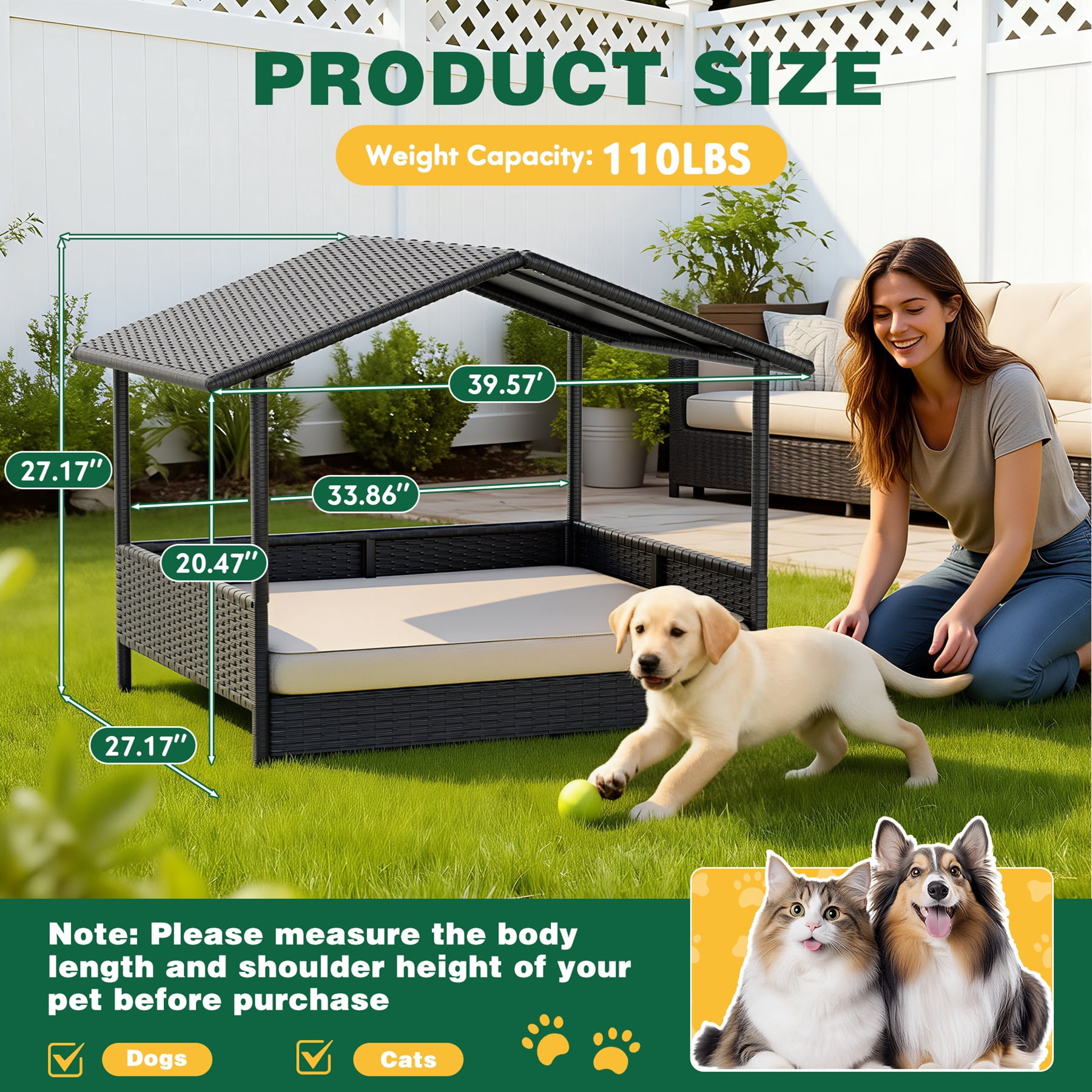 Homall Outdoor & Indoor Rattan Dog Shelter with Removable Cushion, Dog House, Dog Bed with Canopy for Small/Medium Dogs, Black