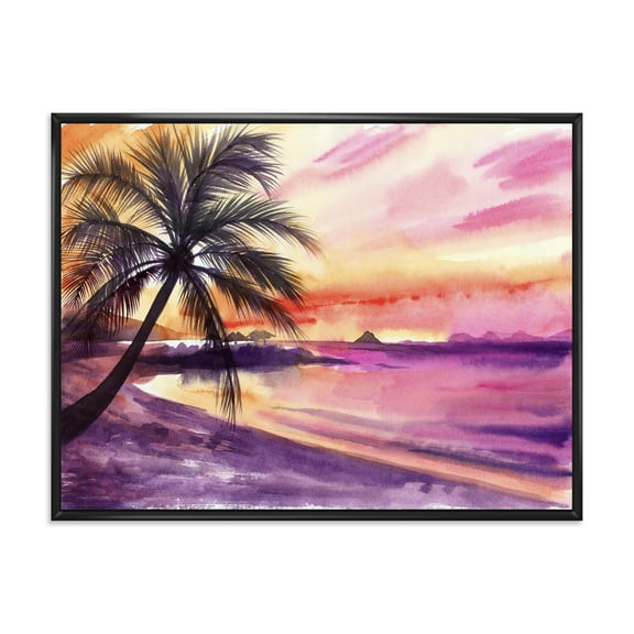 Designart 'Purple and Pink Palm Beach Sunset' Nautical & Coastal Framed Canvas Wall Art Print