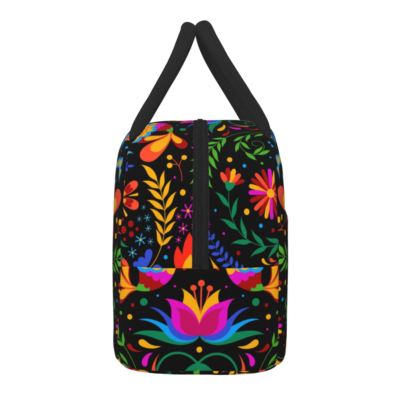 Horeoi Mexican Flower Traditional1 Pattern Large Insulated Lunch Bag for Work, School, Picnic - Waterproof, Durable Oxford Cloth, Comfortable Handle-Black