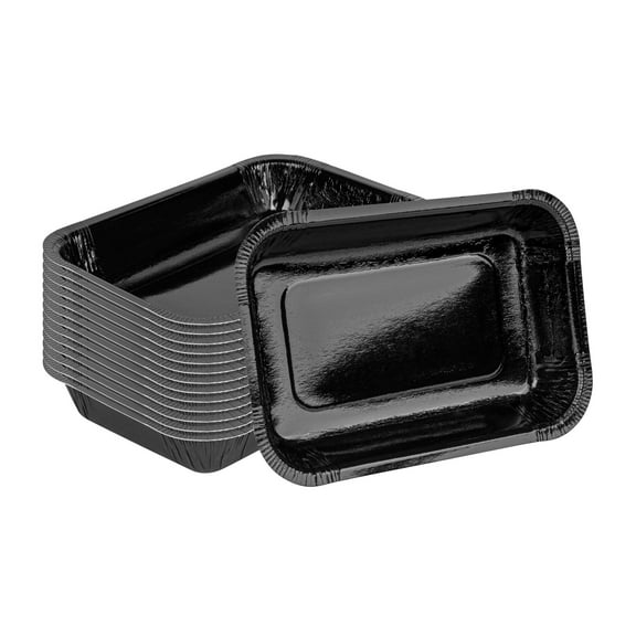 Pastry Tek 32 oz Rectangle Black Paperboard Tray - Oven-Safe - 8 1/4" x 5 1/2" x 1 1/2" - 100 count box