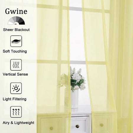 BDIUA-Light Yellow Sheer Curtains 63 Inch Length for Living Room 2 Panels Light Filtering Rod Pocket Window Curtain Treatment for Bedroom Voile Elegant Sheer DrapesEach 42Wx63L