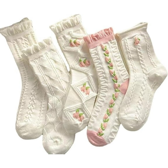 Floral Socks 5 Pairs Embossed Crimped Socks Aesthetic Elastic coquette socks Casual Socks Ruffle Ankle Socks 5-pairs