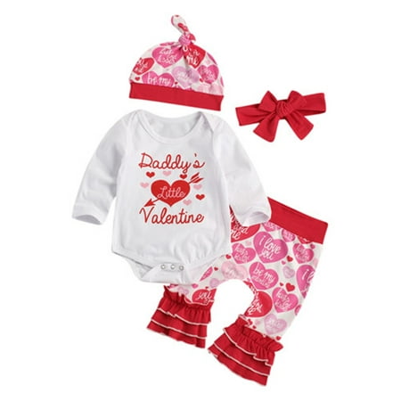 

Hopiumy Baby Valentine s Day Suit Round Neck Long Sleeve Heart Print Romper+Loose Trousers+Bow Headband+Hat