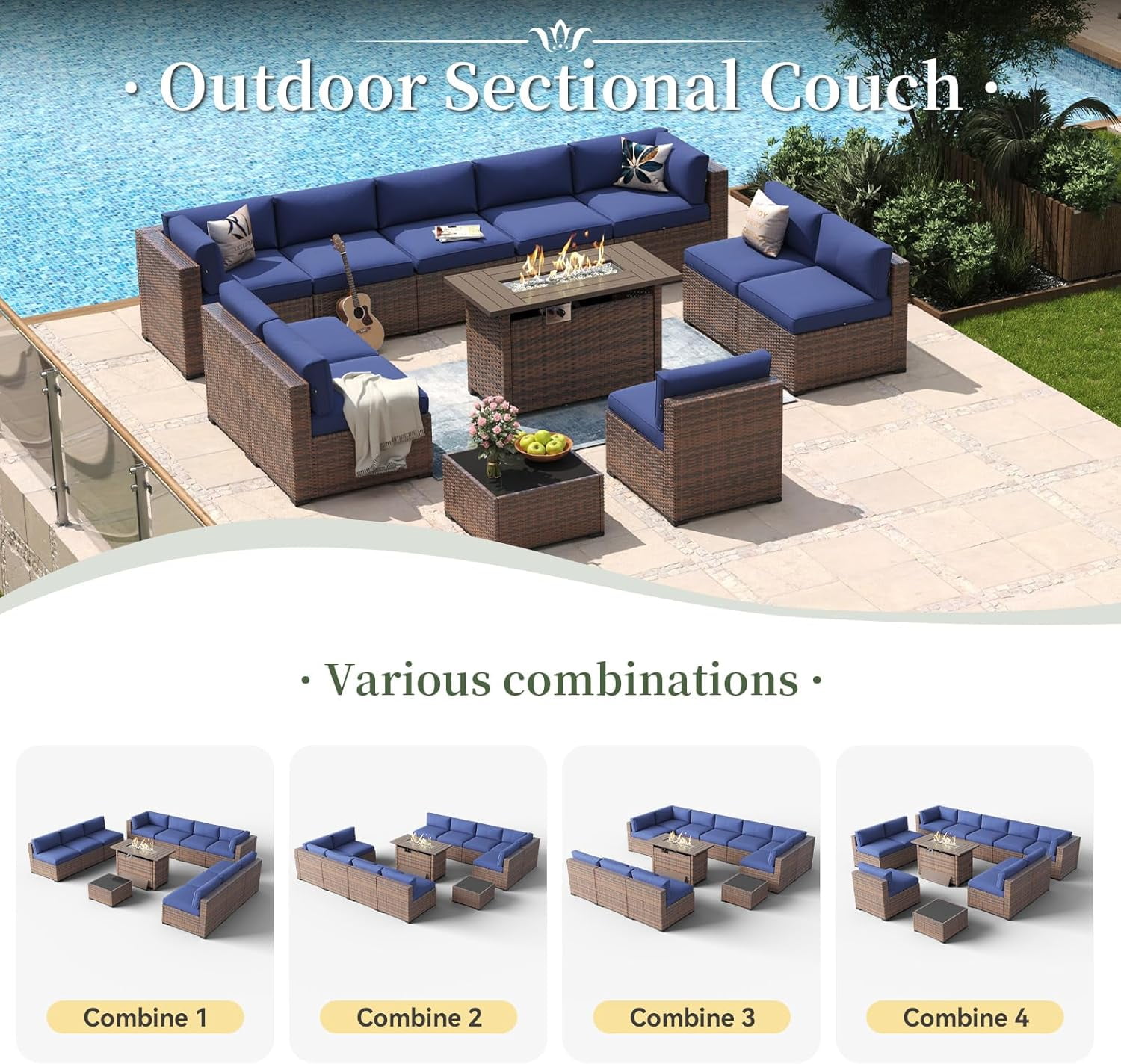 Aoxun 12 Piece Patio Furniture Set with 44” Fire Pit Table Wicker Rattan Outdoor Sectional Sofa Set with Coffee Table and 4” Thickened Cushions, Blue (Waterproof Cover Included)