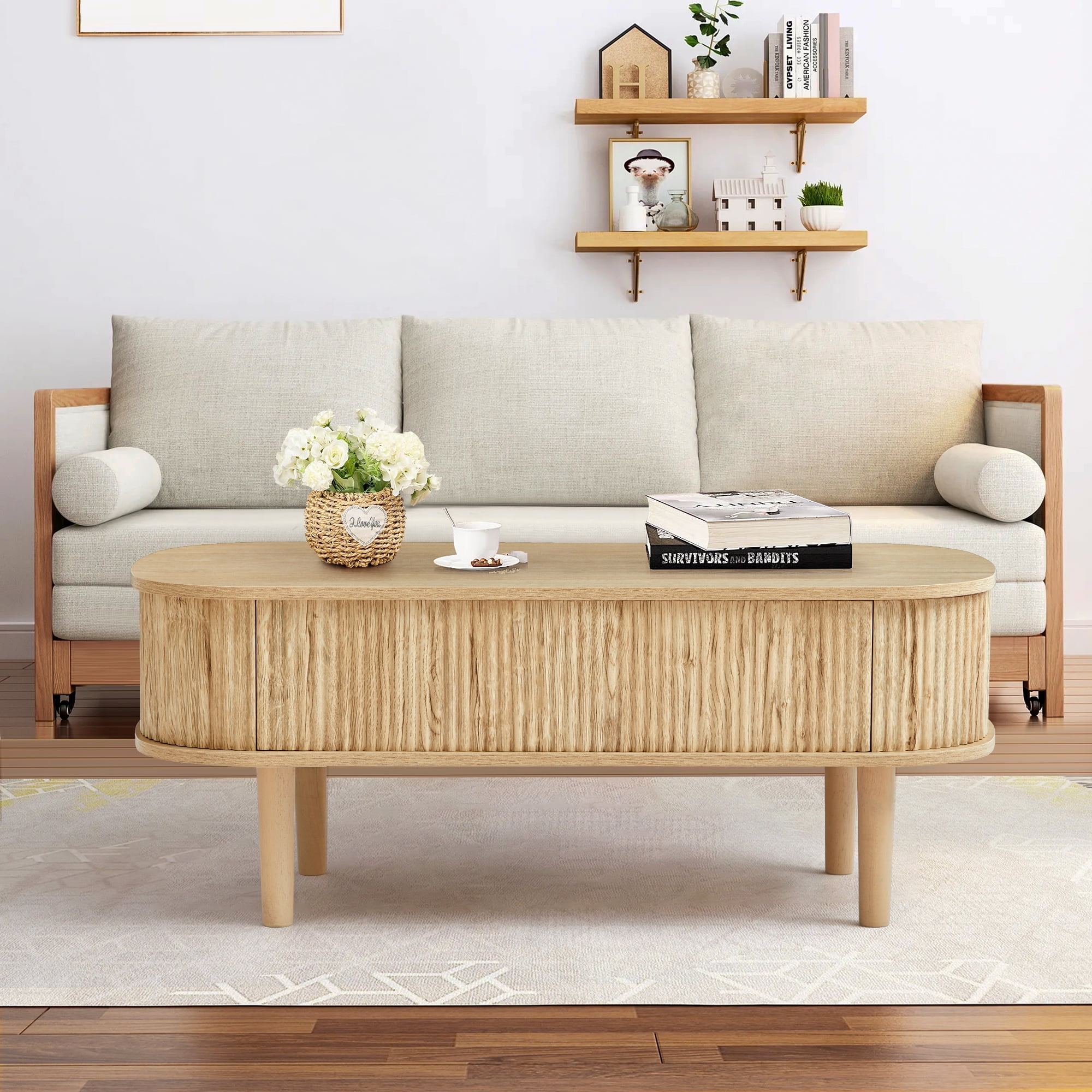 PHOYAL Wood Lift Top Coffee Table with Storage, Fluted Oval Coffee Table with Hidden Compartments for Living Room, Natural