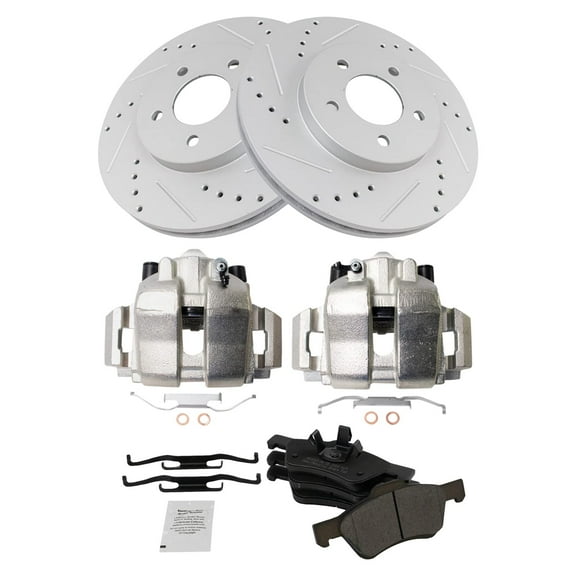 TRQ Front Performance Brake Pad & Rotor Kit Brake Caliper Brake Pads Brake Rotors Set Semi-Metallic Vented Premium G-Coated Fits Select 2005-2010 Ford Escape 2005-2009 Mercury Mariner