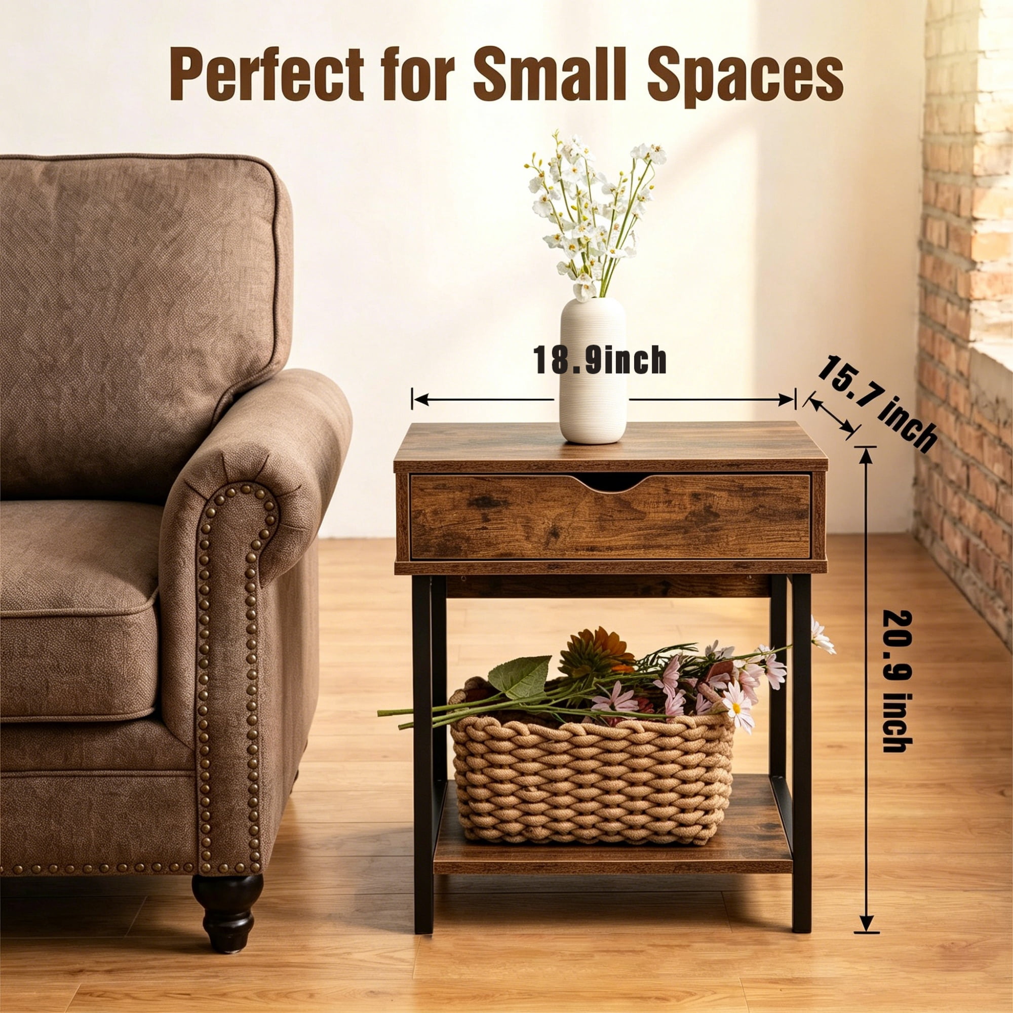 JJS Side End Table, Nightstand, Bedside Table with Drawer and Storage Shelves, Sofa Table for Living Room, Bedroom, Accent Furniture, Easy Assembly, Brown