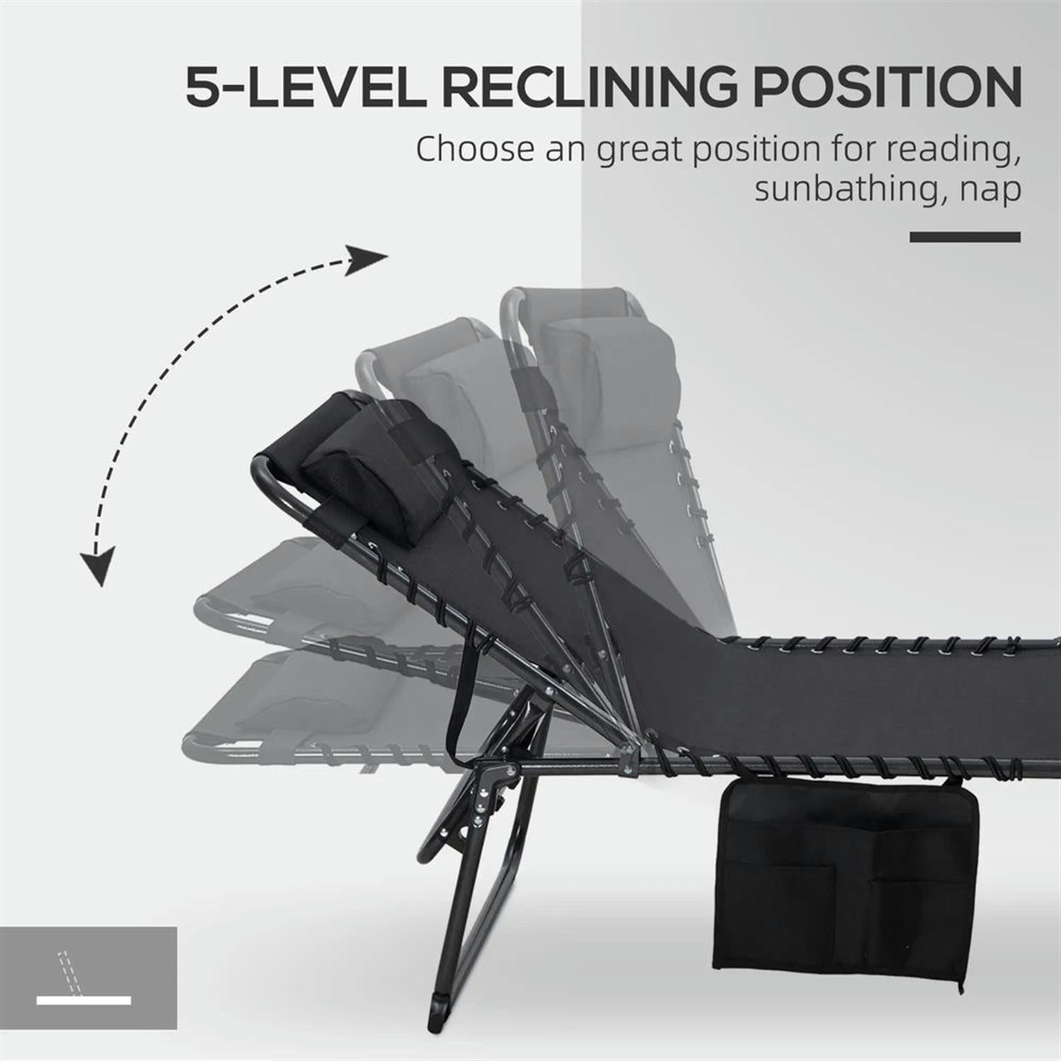 Demi Bonn Outdoor Folding Chaise Lounger with 5-Position Reclining, Built-in Reading Grommet, Side Storage, Pillow Relaxation for Sunbathing, Black