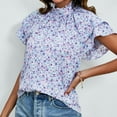 thumbnail image 4 of Lovskoo 2024 Womens Summer Tops Casual Ruffled Mock Neck Floral Print Shirts Smocked Ruffle Short Sleeve Babydoll Blouses Blue L, 4 of 8