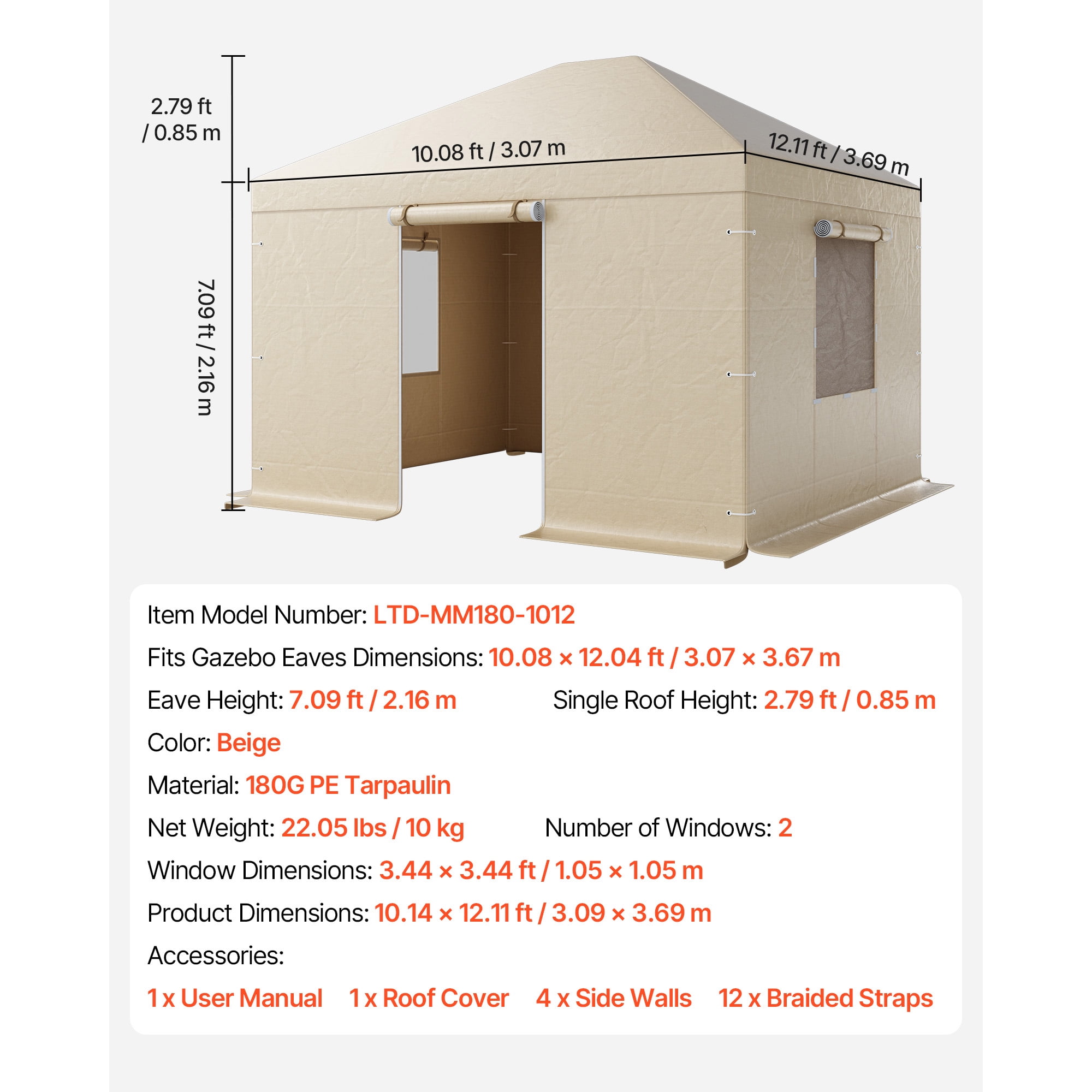 KFFKFF Winter Gazebo Cover for 10 x 12 ft Hardtop Gazebos, Weather-Resistant Cover with Side Panels & Ventilated Mesh Windows, Durable PE Material, Protective Shelter Cover, Gazebo Frame Not Included