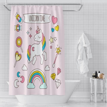 Unicorn Rainbow Shower Curtain, Simple Fresh Pink Cartoon Candy for Girls  Bathtub Showers Waterproof Polyester Design Decorative Bathroom with 12