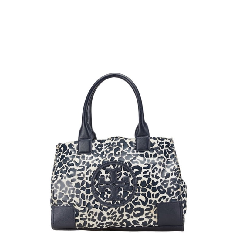 Pre-Owned Tory Burch Leopard Tote Bag Navy White PVC Leather
