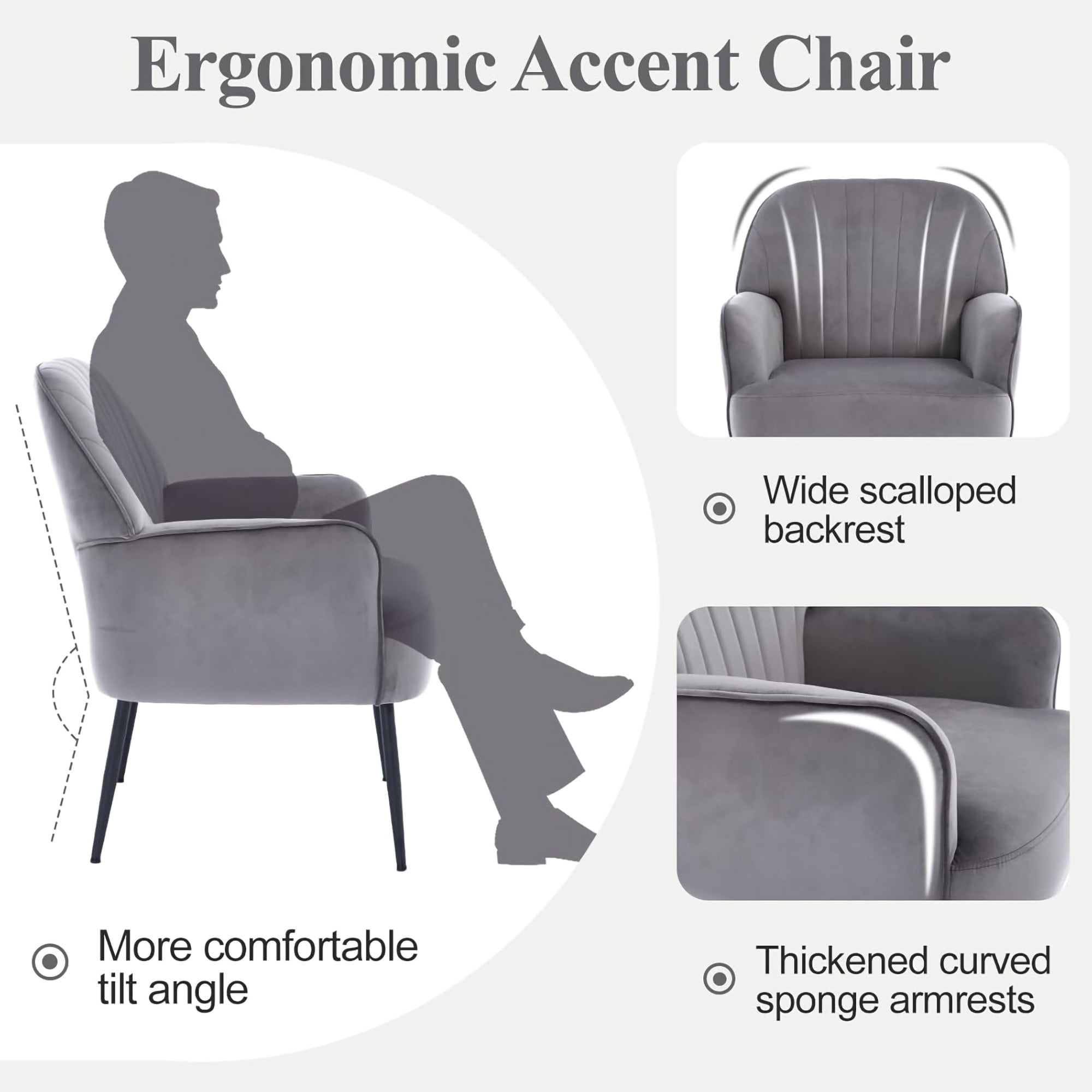 BSHTI 25" Velvet Upholstered Accent Chair with Shell-Shaped Tufted Backrest, Padded Armrests, Metal Legs for Living Room Bedroom()