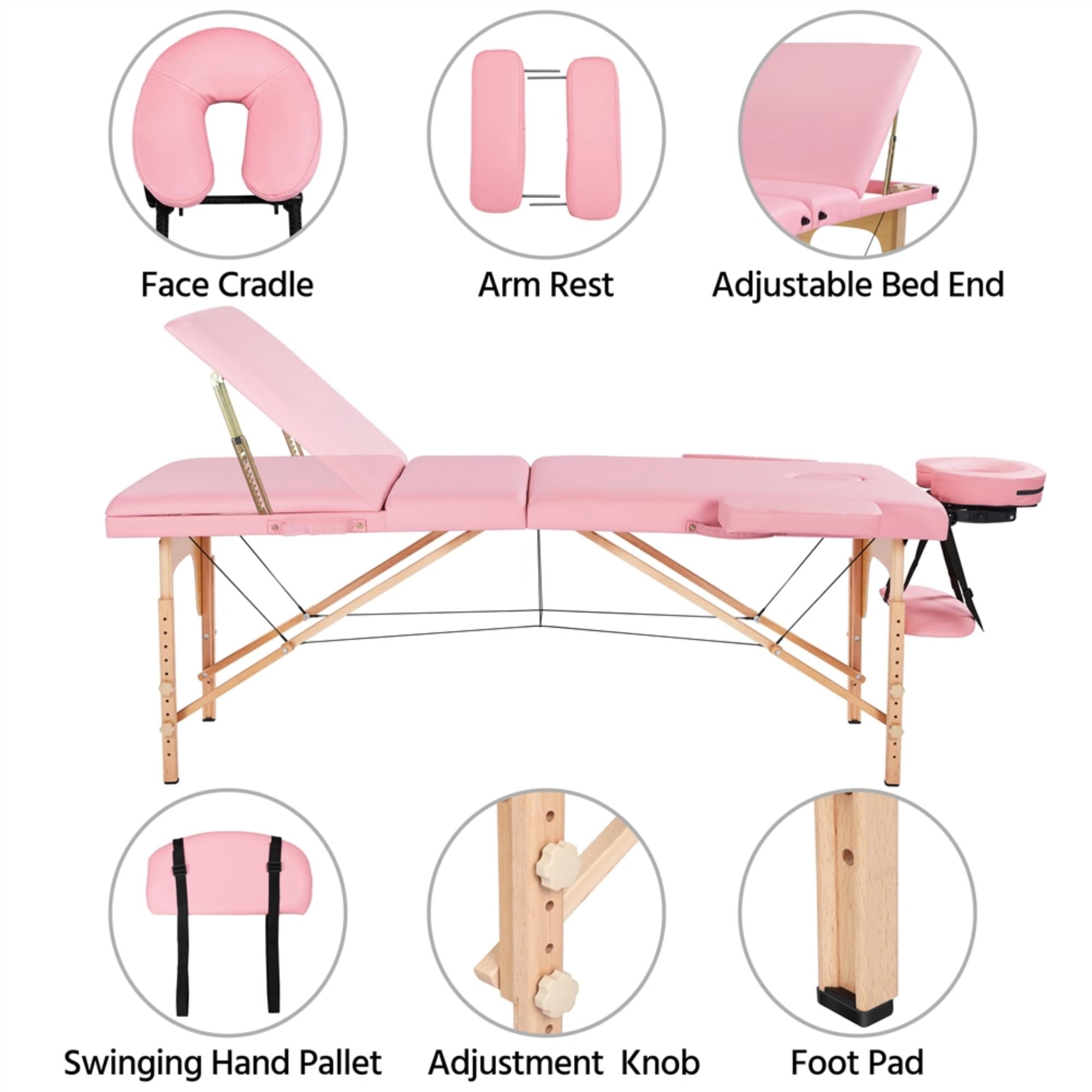 Alden Design 3 Section Portable Wooden Massage Table for Spa Treatments, Pink