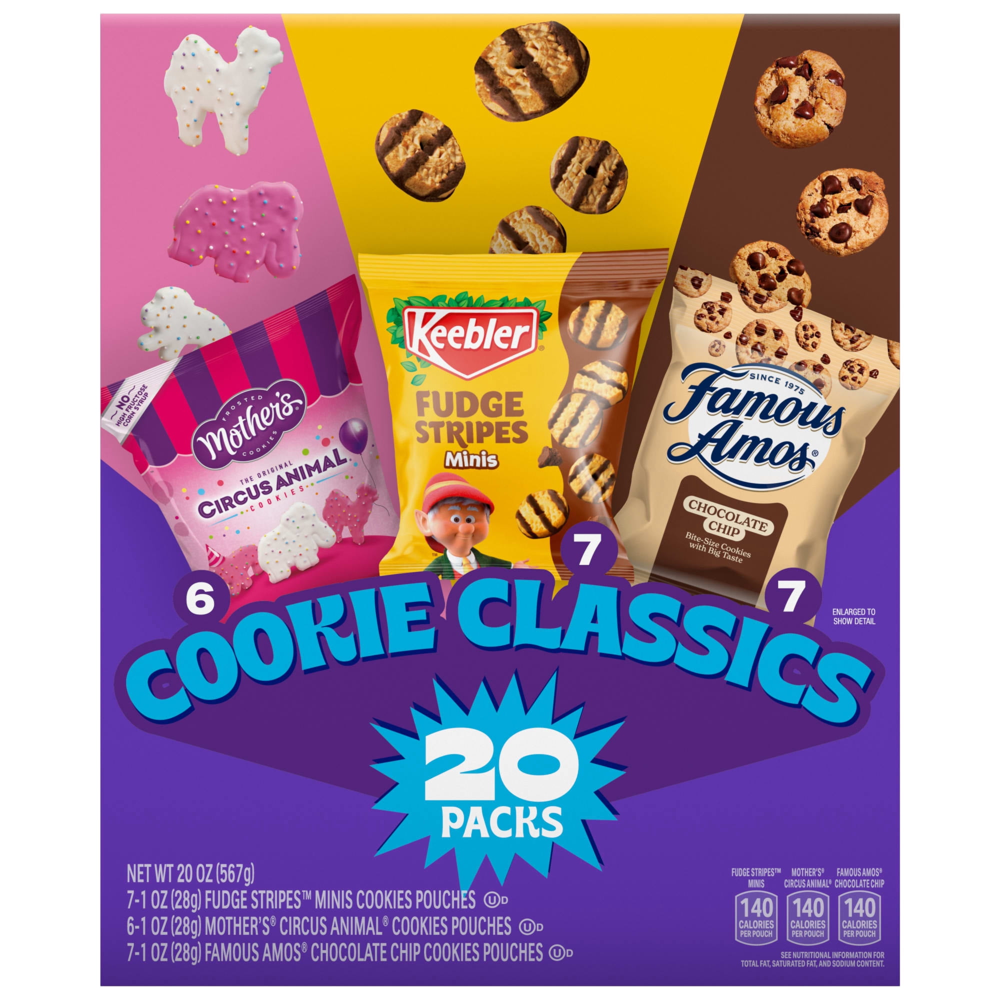 Assorted Cookie Classics Variety Pack - Mother’s Circus, Keebler Fudge Stripes & Famous Amos, 20 Pouch Box, 20 oz