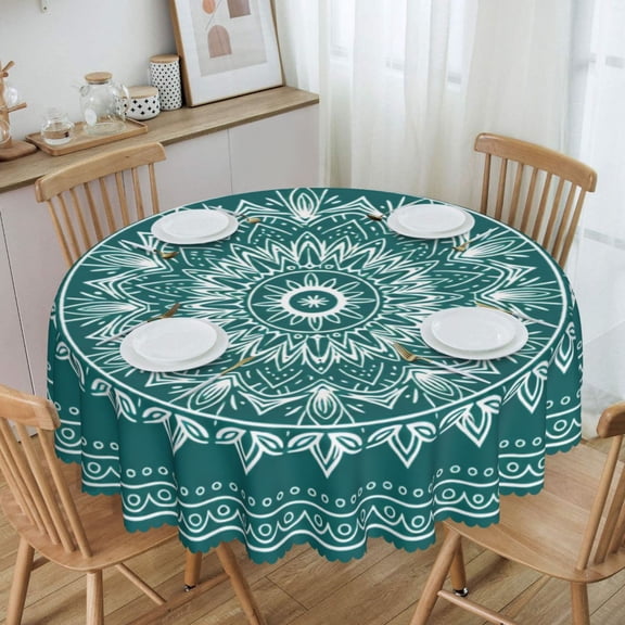 Three White Mandala Patterns On Round Tablecloth Waterproof Table Cloth Stain and Wrinkle Resistant Washable, Decorative Fabric Table Cover for Dining, Party and Camping