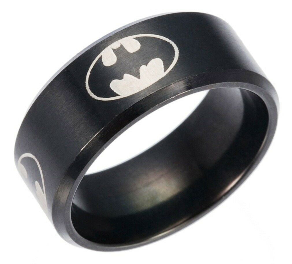 Batman Shield Logo Black Band Stainless Steel Ring Size 6 