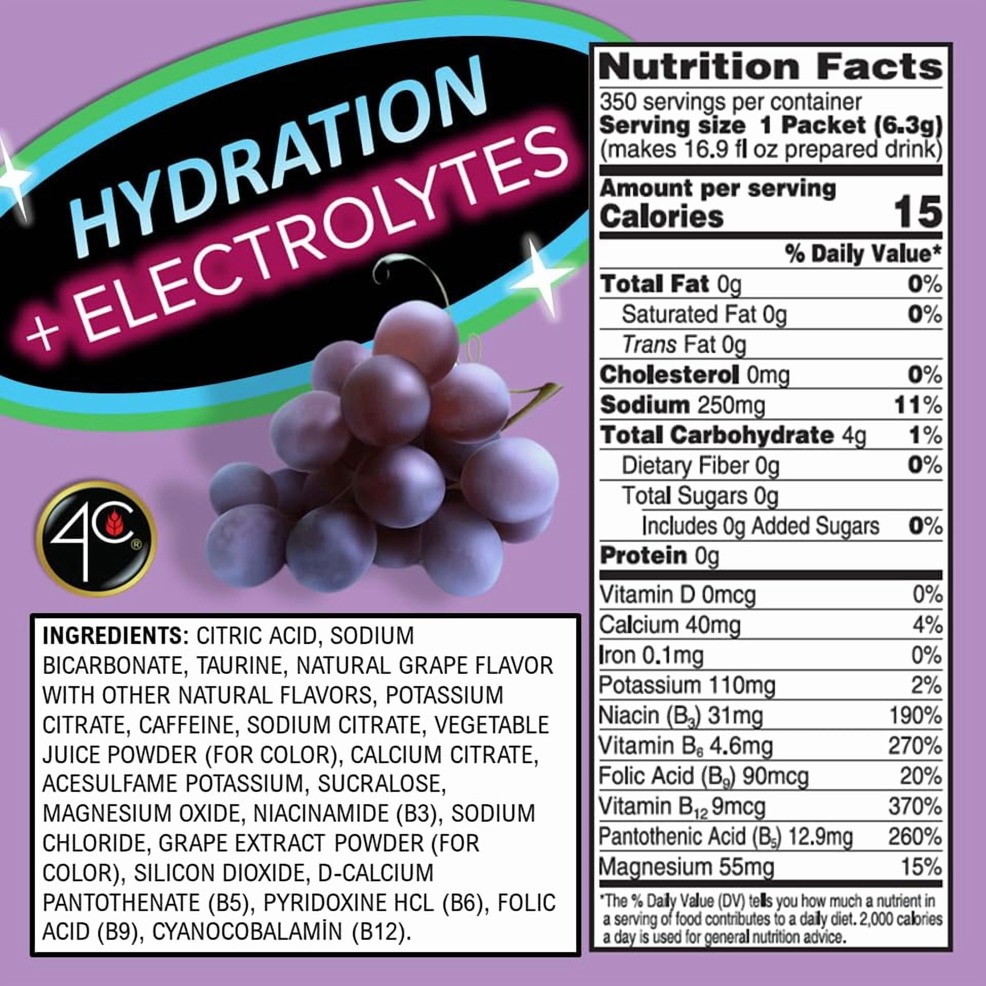 4C Powder Drink Mix, Energy Rush - Grape 350 Count, Bulk Buy, Singles Stix, On the Go, Refreshing Water Flavorings, Value Pack