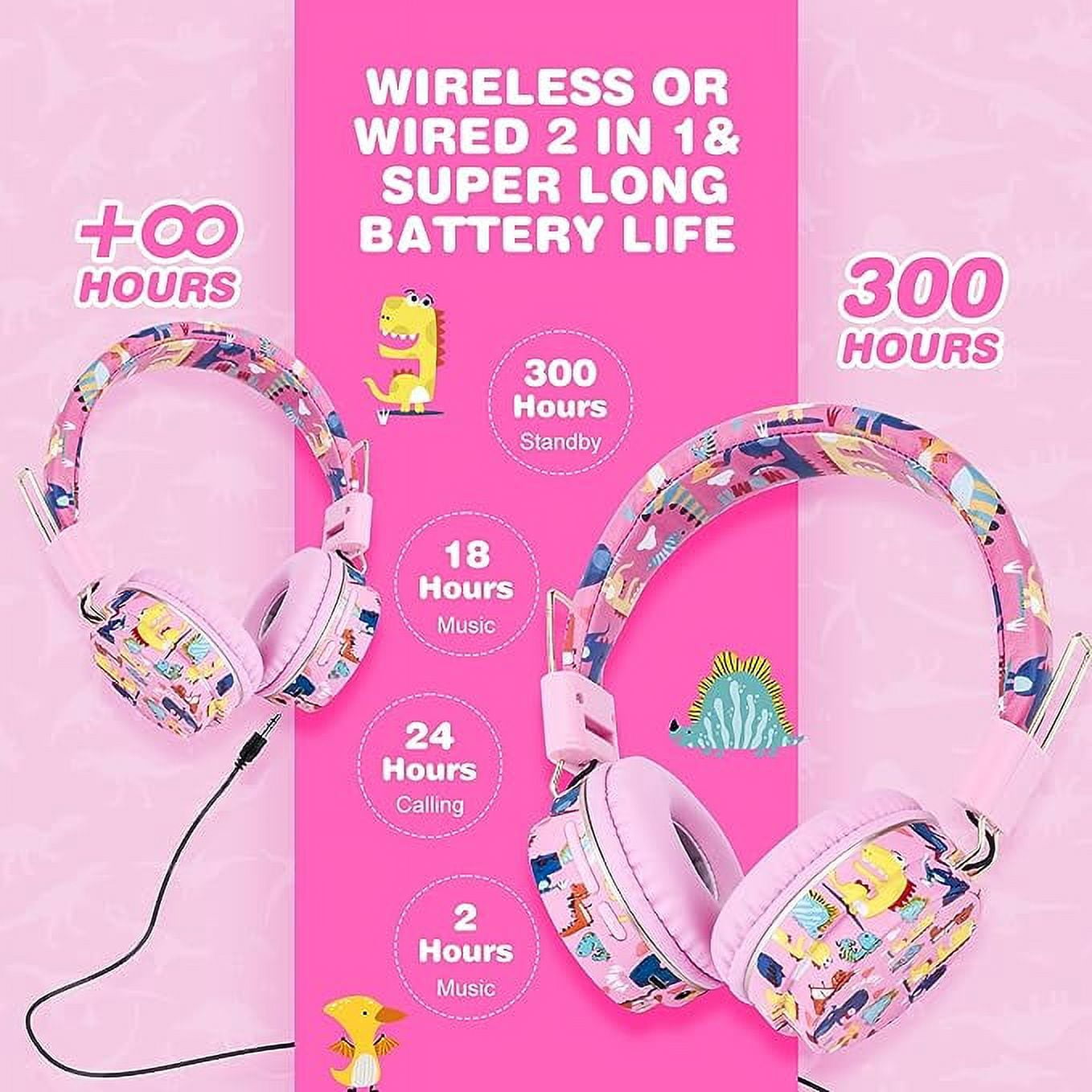 Cute Kids Headphones Wireless, Dinosaur Headphones Gifts for Girls, Childrens Bluetooth Headphones with Microphone, Toddler Headphone Over Ear for Age 2 up, Compatible with Fire Tablet (pink-dino)