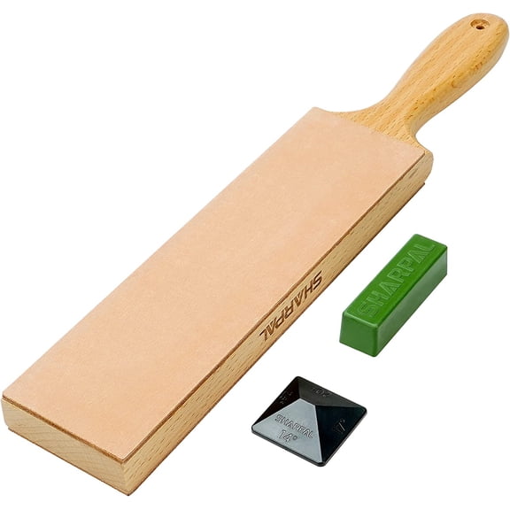 205H Double-sided Leather Strop (Genuine Cowhide) 13.2" x 2.4" Kit with 2 Oz. Polishing Compound & Angle Guide, Knife Stropping Block for Sharpening & Honing Knives tools, Woodcarving Chisels
