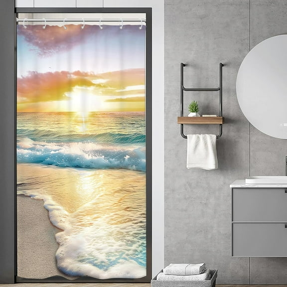 Stall Small Half Shower Curtain Beach Summer 36x72 Inch RV Mini Single Narrow Ocean Coastal Hawaiian Sunrise Sea Wave Seaside Scene Island Blue Cool Set Waterproof 7 Pack Hooks