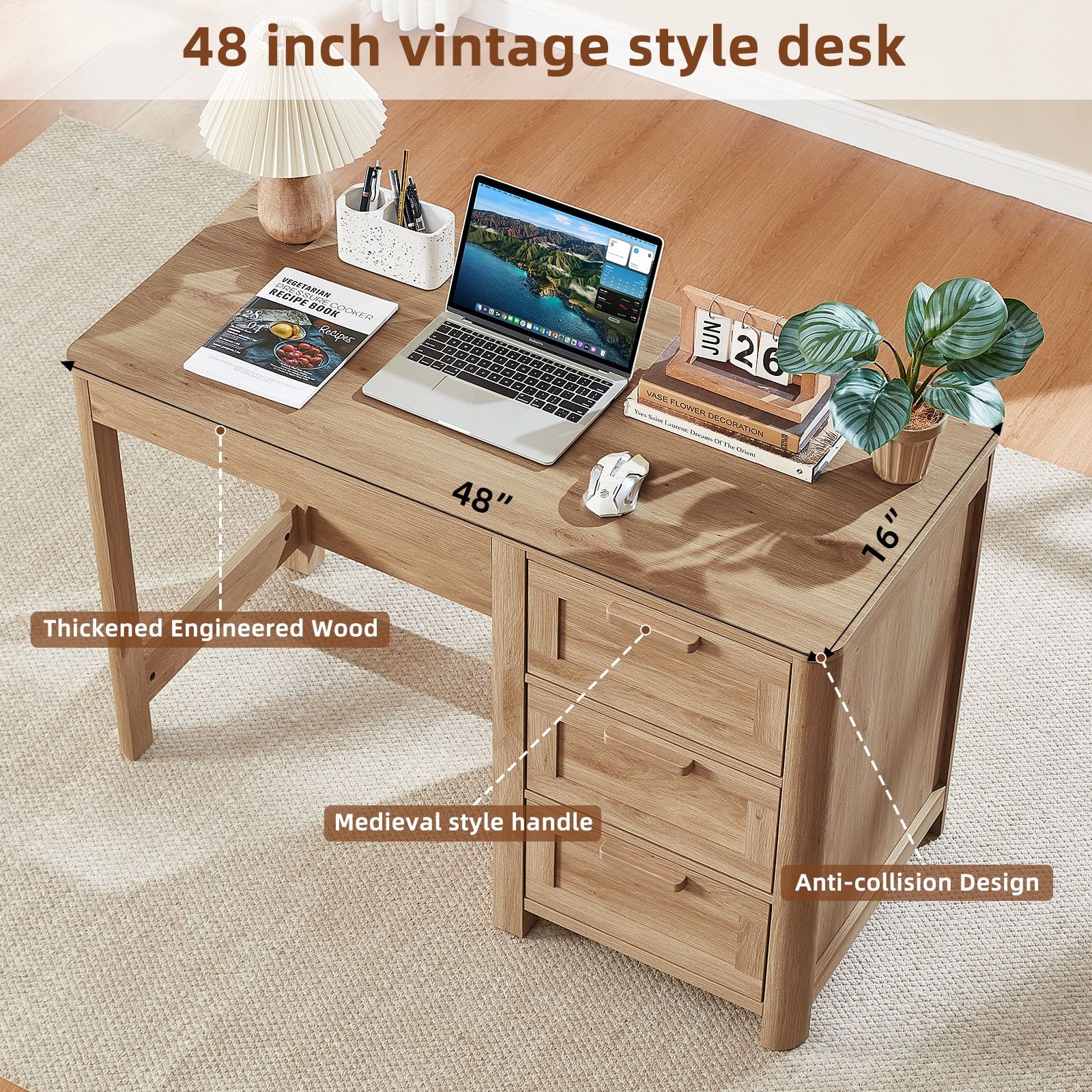 Leyaoyao Home Office Desk 48" Modern Computer Desk Small PC Table with Storage Cabinet, Compact Study Writing Desk for Bedroom, Natural Oak