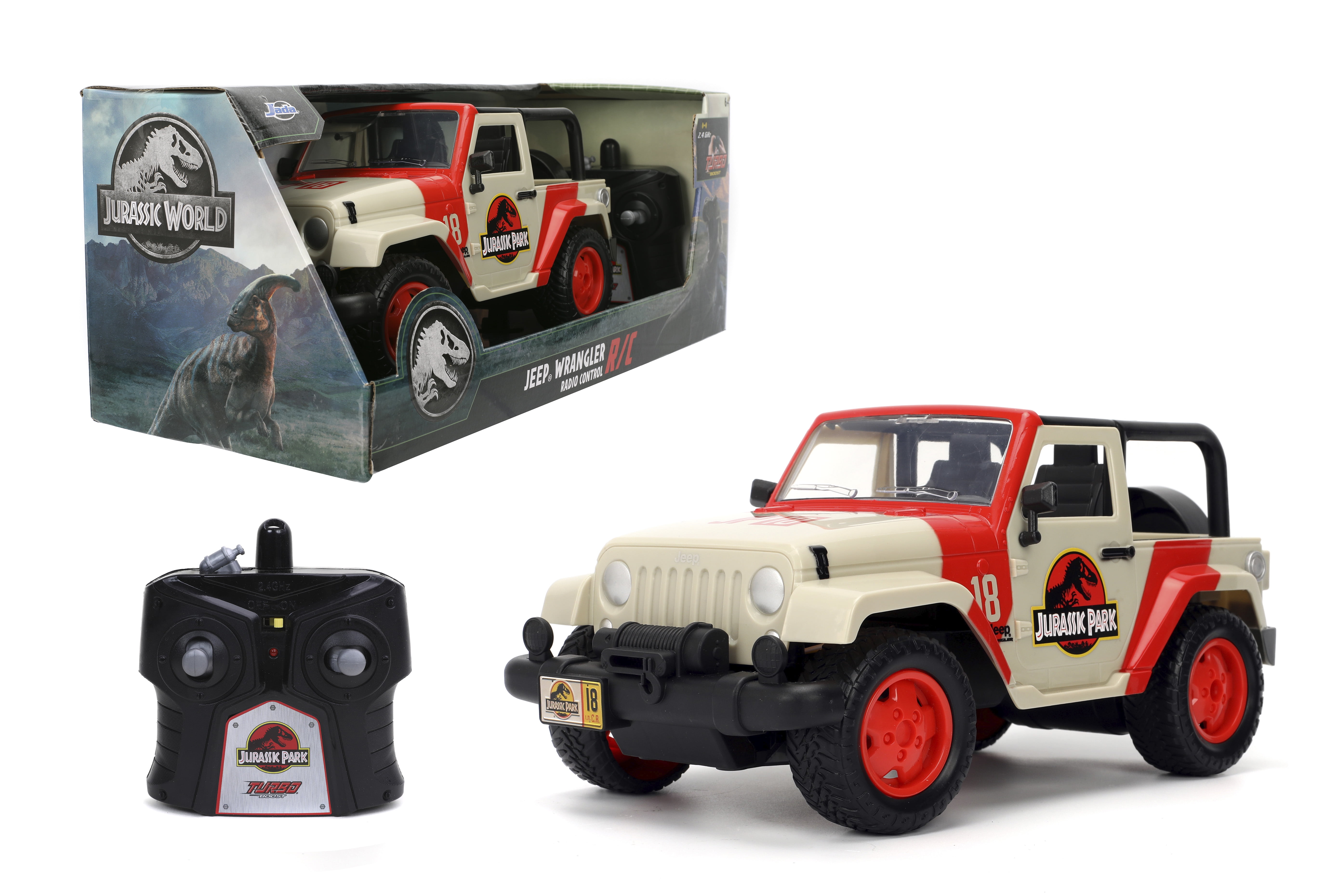 Jada Jurassic World RC 1992 Jeep Wrangler – Turbo Function, Precision Controls, Classic Design, 1:16 Scale - Kids & Collectors Toy – Red/White
