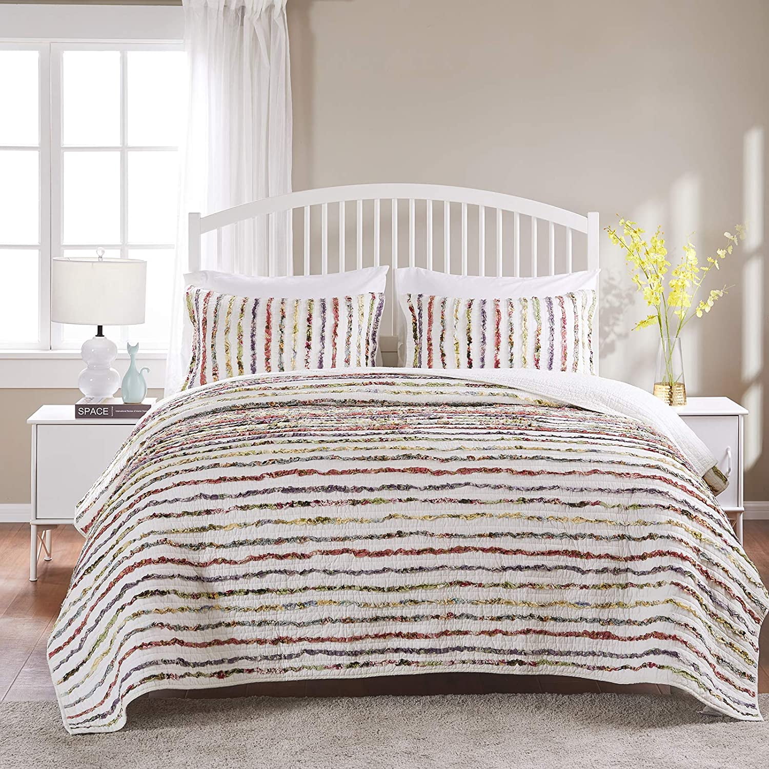 Greenland Home Fashions Bella Ruffle 100% Cotton Quilt and Decorative Pillow Set, 3 Piece Full/Queen