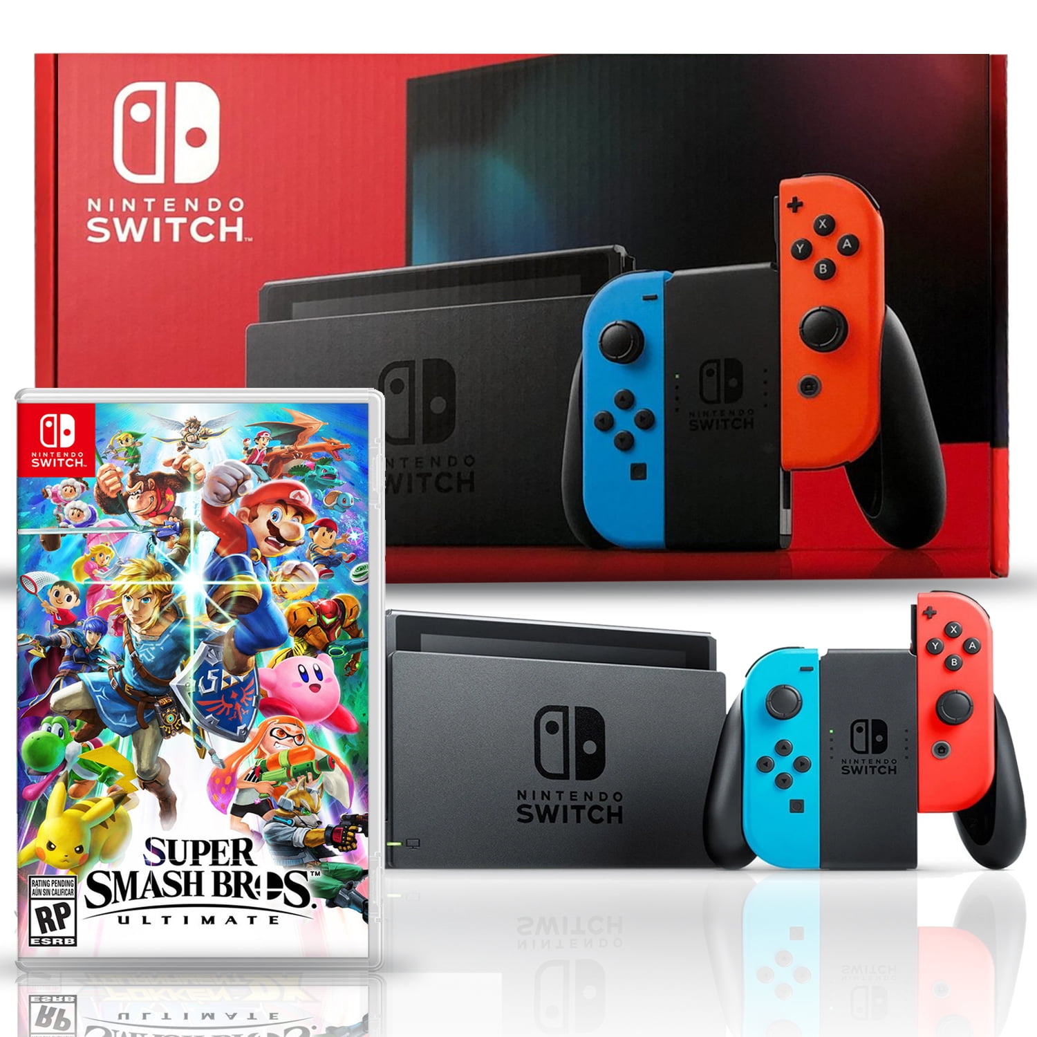 Nintendo Switch With Neon Blue And Red Joy Con Bundle With Super Smash Bros Ultimate Walmart